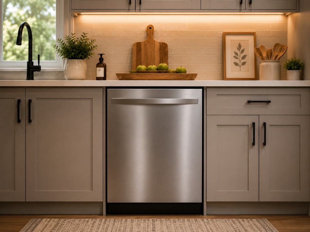 Built-in stainless steel dishwasher in a modern kitchen