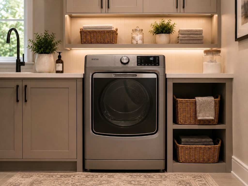 Front-load clothes dryer in a built-in laundry room