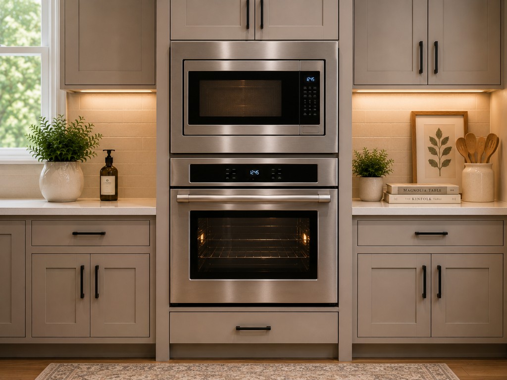 Built-in wall oven and microwave in a modern kitchen