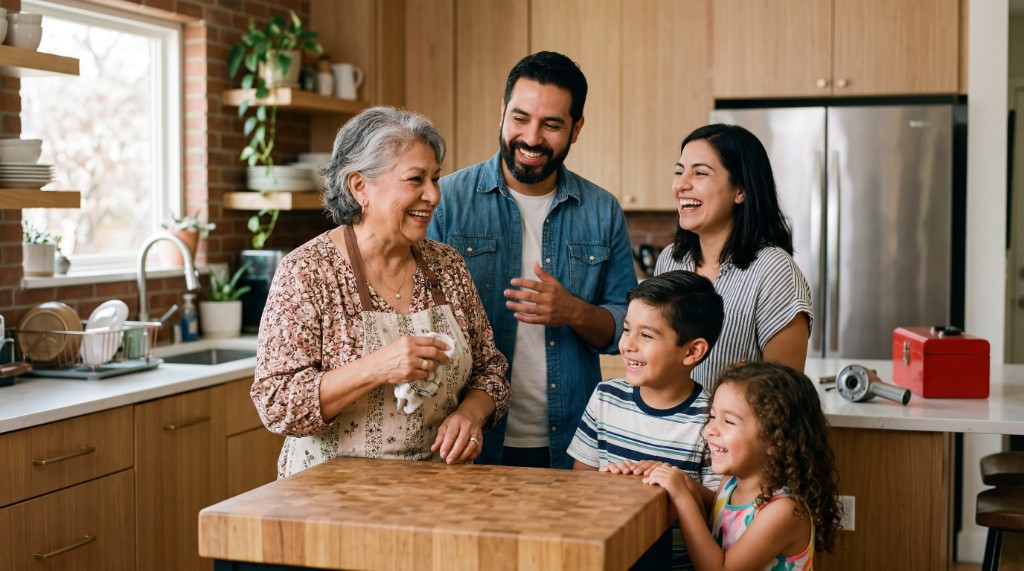 Multi-generational family gathered in a bright modern kitchen