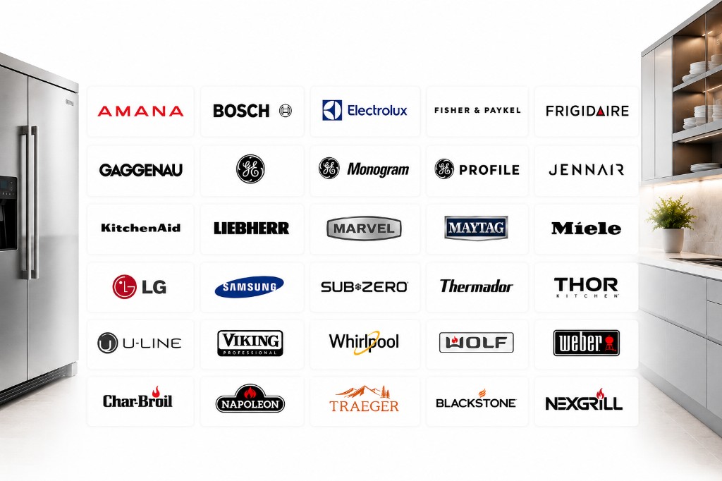 Principales marcas de electrodomésticos atendidas por SNS Appliance Repair, incluyendo Amana, Bosch, Electrolux, Fisher & Paykel, Frigidaire, Gaggenau, GE, GE Monogram, GE Profile, JennAir, KitchenAid, Liebherr, Marvel, Maytag, Miele, LG, Samsung, Sub-Zero, Thermador, Thor Kitchen, U-Line, Viking, Whirlpool, Wolf, Weber, Char-Broil, Napoleon, Traeger, Blackstone y Nexgrill. Reparación profesional de refrigeradores, congeladores, máquinas de hielo, enfriadores de vinos, refrigeradores de bebidas y parrillas exteriores en el centro de Texas.