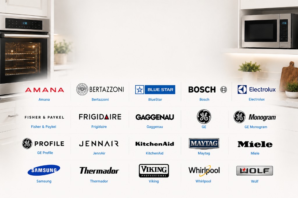 Principales marcas de hornos y microondas atendidas por SNS Appliance Repair, incluyendo Amana, Bertazzoni, Blue Star, Bosch, Electrolux, Fisher & Paykel, Frigidaire, Gaggenau, GE, GE Monogram, GE Profile, JennAir, KitchenAid, Maytag, Miele, Samsung, Thermador, Viking, Whirlpool y Wolf. Reparación profesional de hornos de pared, hornos empotrados y microondas en el centro de Texas.