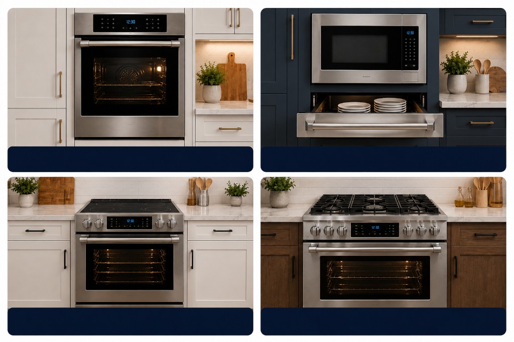 Tipos de hornos y microondas que atendemos: horno de pared, microondas empotrado, microondas sobre estufa y horno de convección