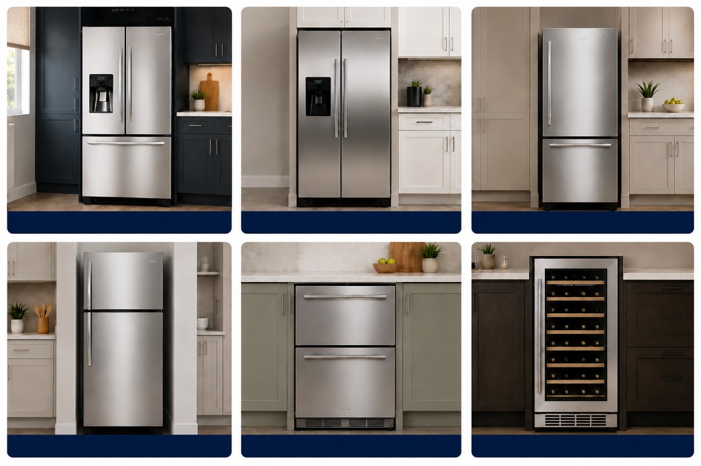 Types of refrigerators we service: French door, side-by-side, bottom freezer, top freezer, under-counter, and wine cooler