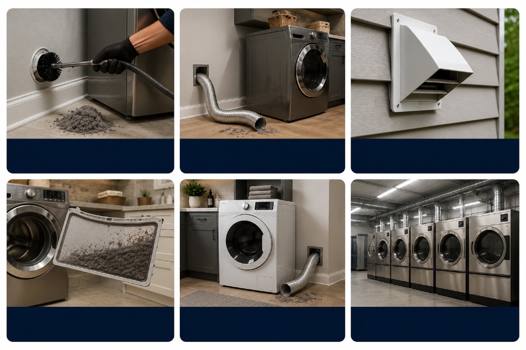 Servicios de ductos de secadora: limpieza completa, reparación de ducto, tapa exterior, inspección de pelusa, ductos residenciales y comerciales