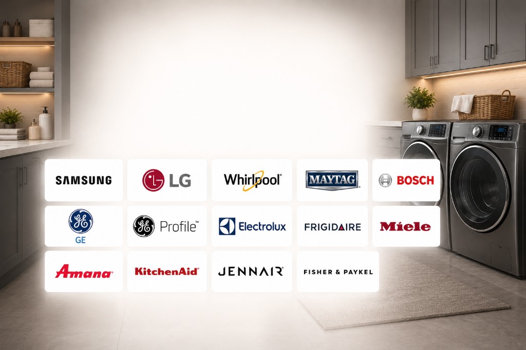 Principales marcas de lavadoras y secadoras atendidas por SNS Appliance Repair, incluyendo Samsung, LG, Whirlpool, Maytag, Bosch, GE, GE Profile, Electrolux, Frigidaire, Miele, Amana, KitchenAid, JennAir y Fisher & Paykel. Reparación profesional de lavadoras y secadoras en el centro de Texas.